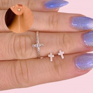 Conjunto Anillo Cruz finito y Aros cruz con Cadena Laminado de Plata 925